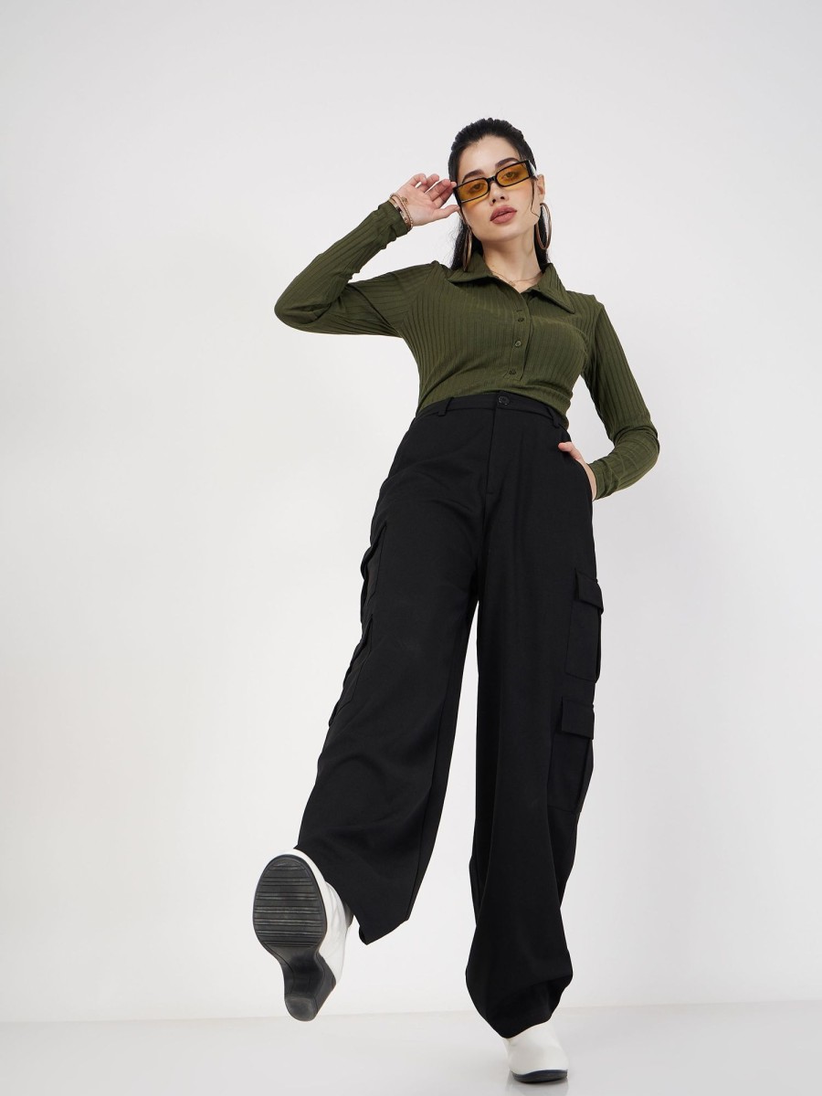 Women Lyush | Women'S Black Multi Pocket Detail Cargo Pants - Lyush