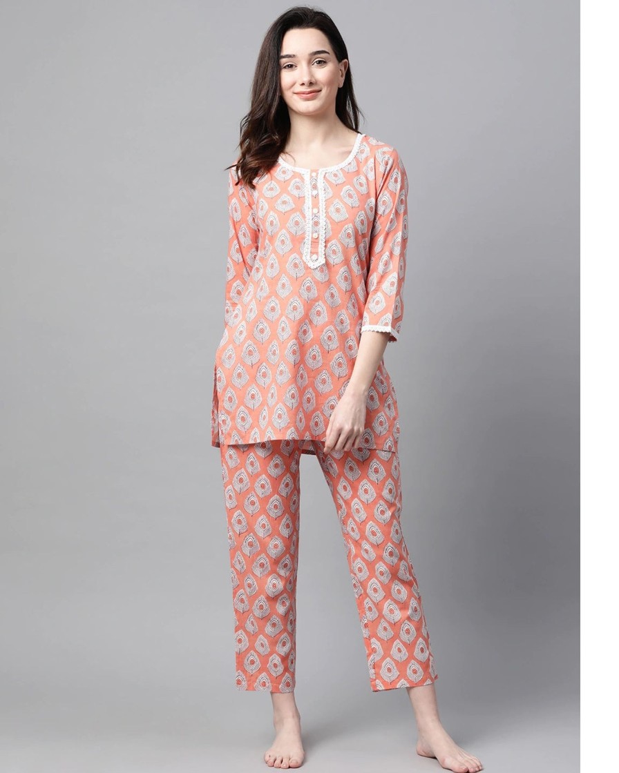 Women Meeranshi | Women'S Peach-Coloured Printed Cotton Night Suit - Meeranshi