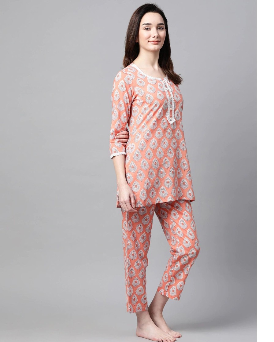 Women Meeranshi | Women'S Peach-Coloured Printed Cotton Night Suit - Meeranshi