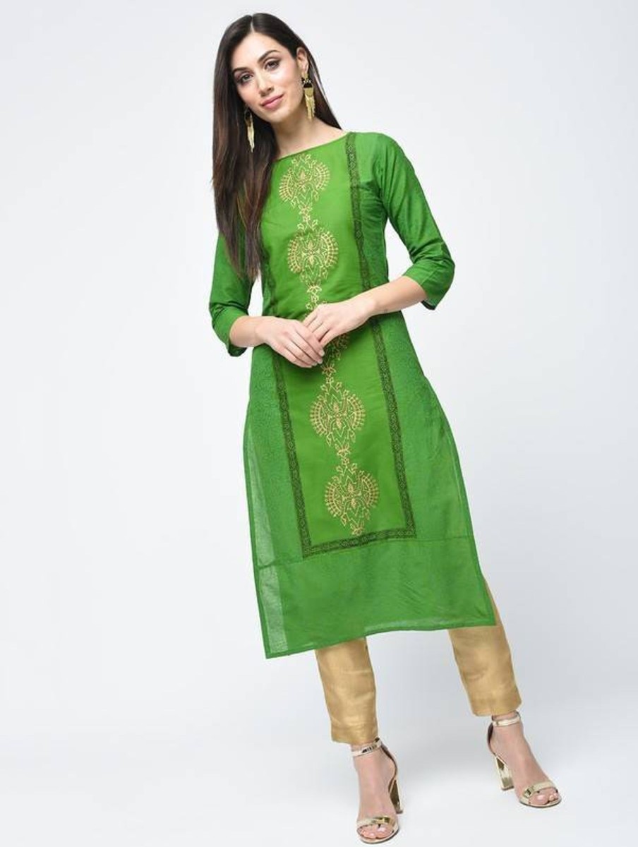 Women Aniyah | Women'S Block Printed Straight Kurta - Aniyah Green