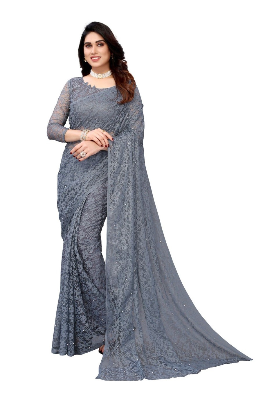 Women Vamika | Women'S Ethnic Fire Pearls Net Saree - Vamika Grey