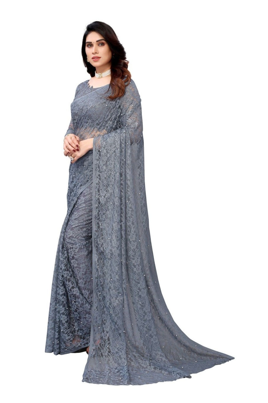 Women Vamika | Women'S Ethnic Fire Pearls Net Saree - Vamika Grey