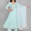 Women Final Clearance Sale | Women'S Rayon Printed Embroidered Anarkali Kurta And Pant With Chiffon Dupatta Set - Final Clearance Sale Blue