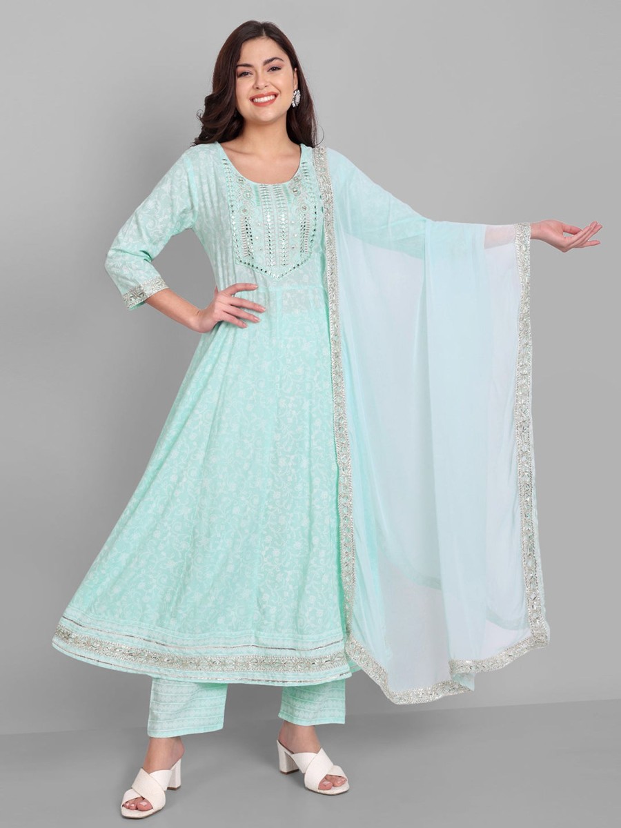 Women Final Clearance Sale | Women'S Rayon Printed Embroidered Anarkali Kurta And Pant With Chiffon Dupatta Set - Final Clearance Sale Blue