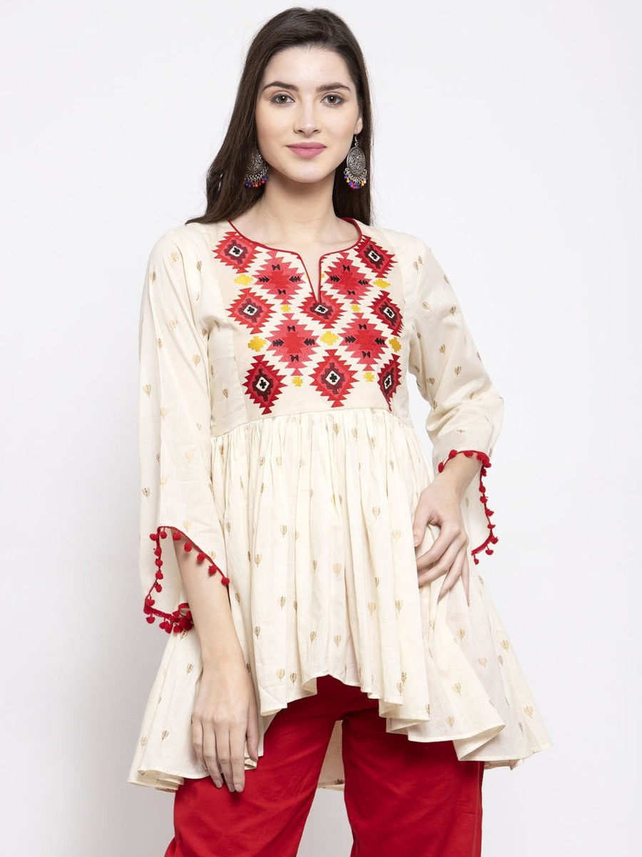 Women Bhama Couture USA | Off-White U0026 Red Printed Tunic - Bhama Couture Usa