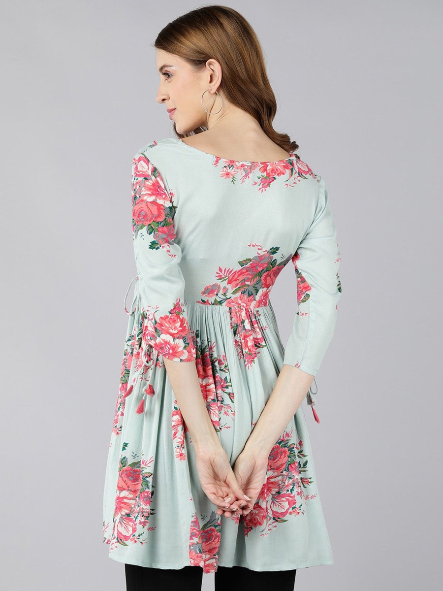 Women Kipek | Women'S Rayon Floral Print Flared Gown (Light ) - Kipek Green