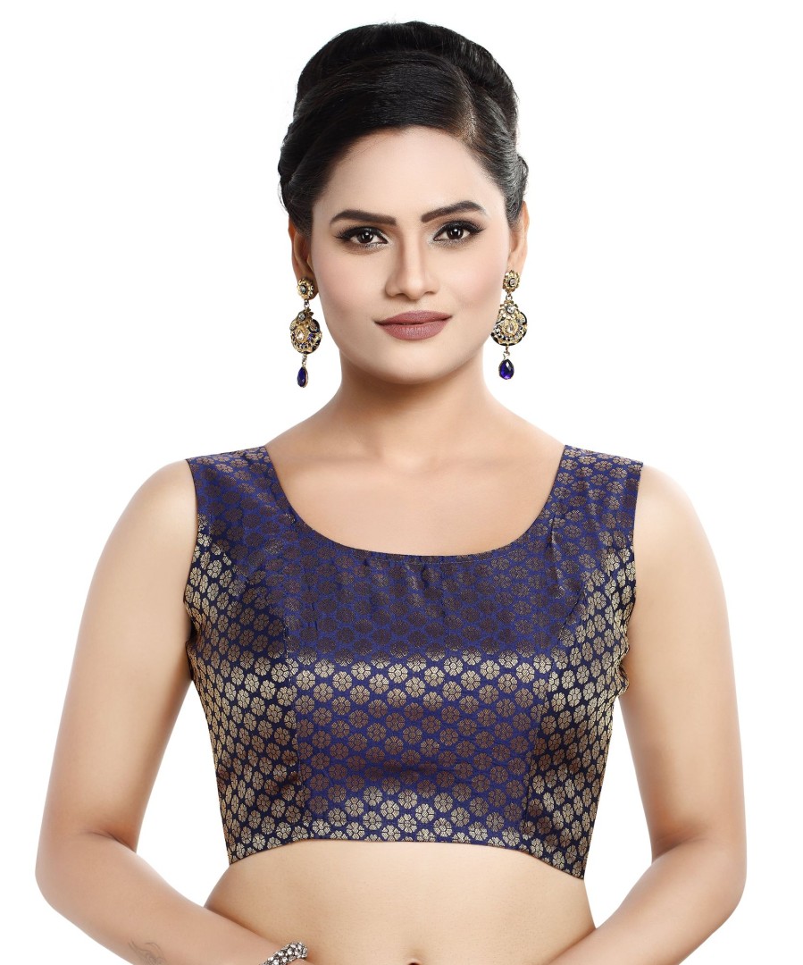 Women Madhu Fashion | Women'S Sleeveless Brocade Readymade Saree Blouse - Madhu Fashion Blue