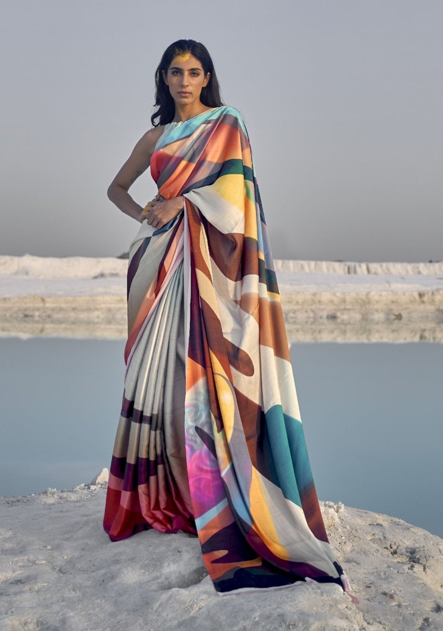 Women Monjolika | Women'S Digital Print Multi Colour Printed Saree - Monjolika