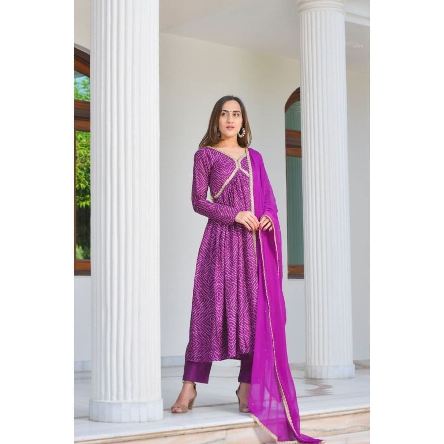 Women Rangpur | Women'S Bandhani Anarkali Set With Dupatta - Rangpur Purple