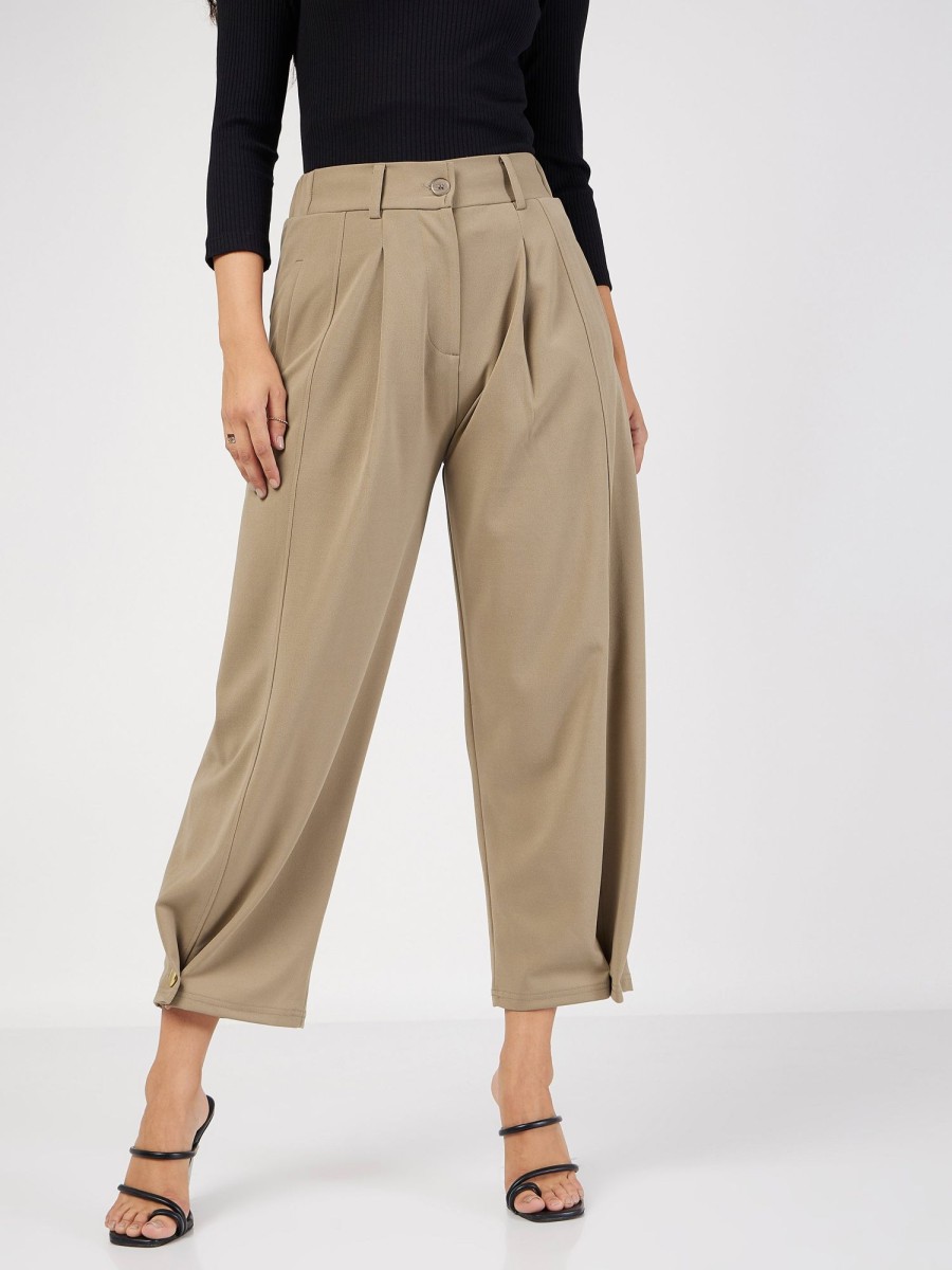 Women Lyush | Women'S Beige Button Hem Darted Balloon Pants - Lyush