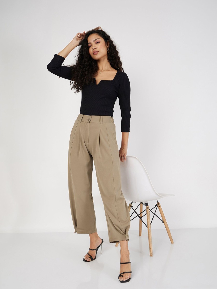 Women Lyush | Women'S Beige Button Hem Darted Balloon Pants - Lyush