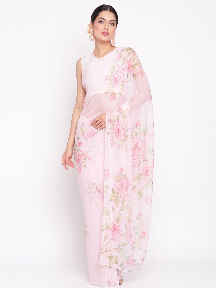 Women Ahalyaa | Women'S Baby Pink Colour Chiffon Digital Print Saree - Ahalyaa