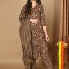 Women Ahika | Women'S Taupe Cotton Floral Printed Anarkali Kurta Pant With Dupatta -Ahika Grey