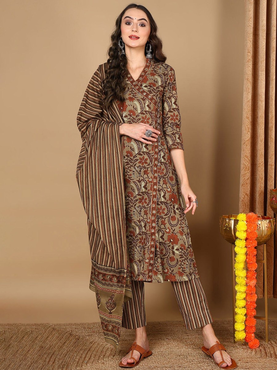 Women Ahika | Women'S Taupe Cotton Floral Printed Anarkali Kurta Pant With Dupatta -Ahika Grey