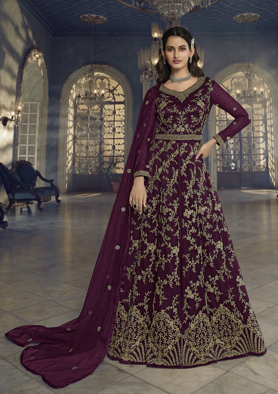 Women Monjolika | Women'S Dark Soft Net Semi Stitched Embroidered Designer Suit - Monjolika Wine