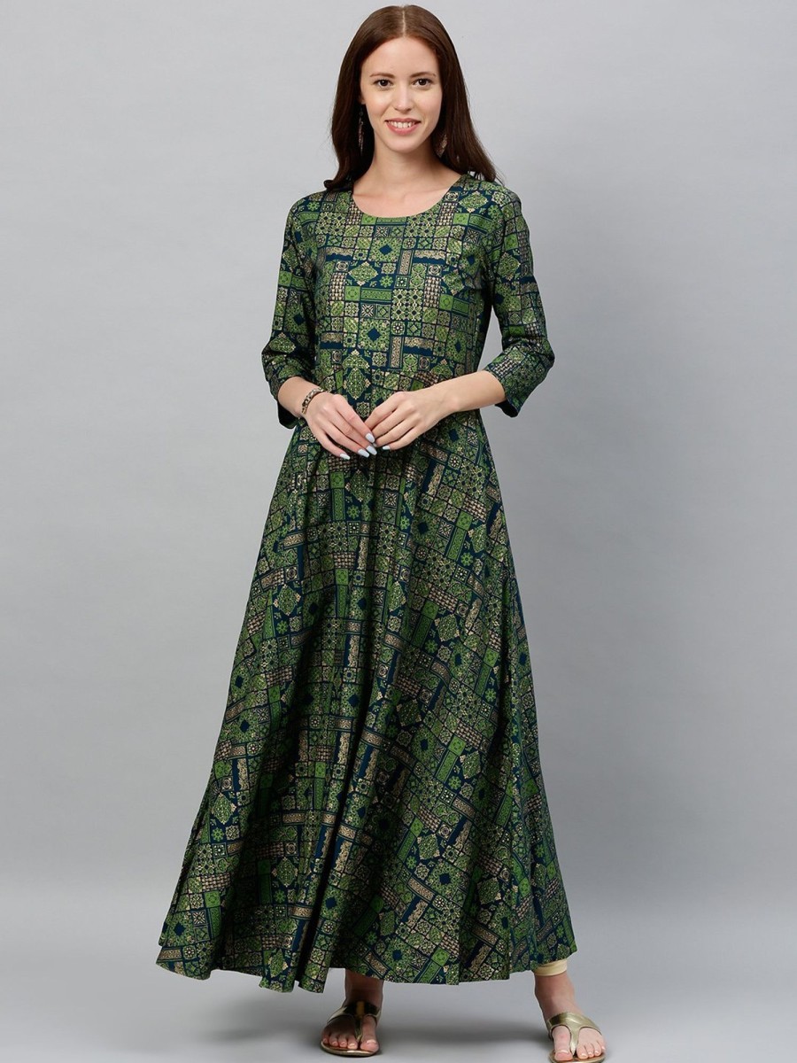 Women Kipek | Women'S Green Printed Anarkali Kurta By Kipek (1 Pc Set) Dark Green