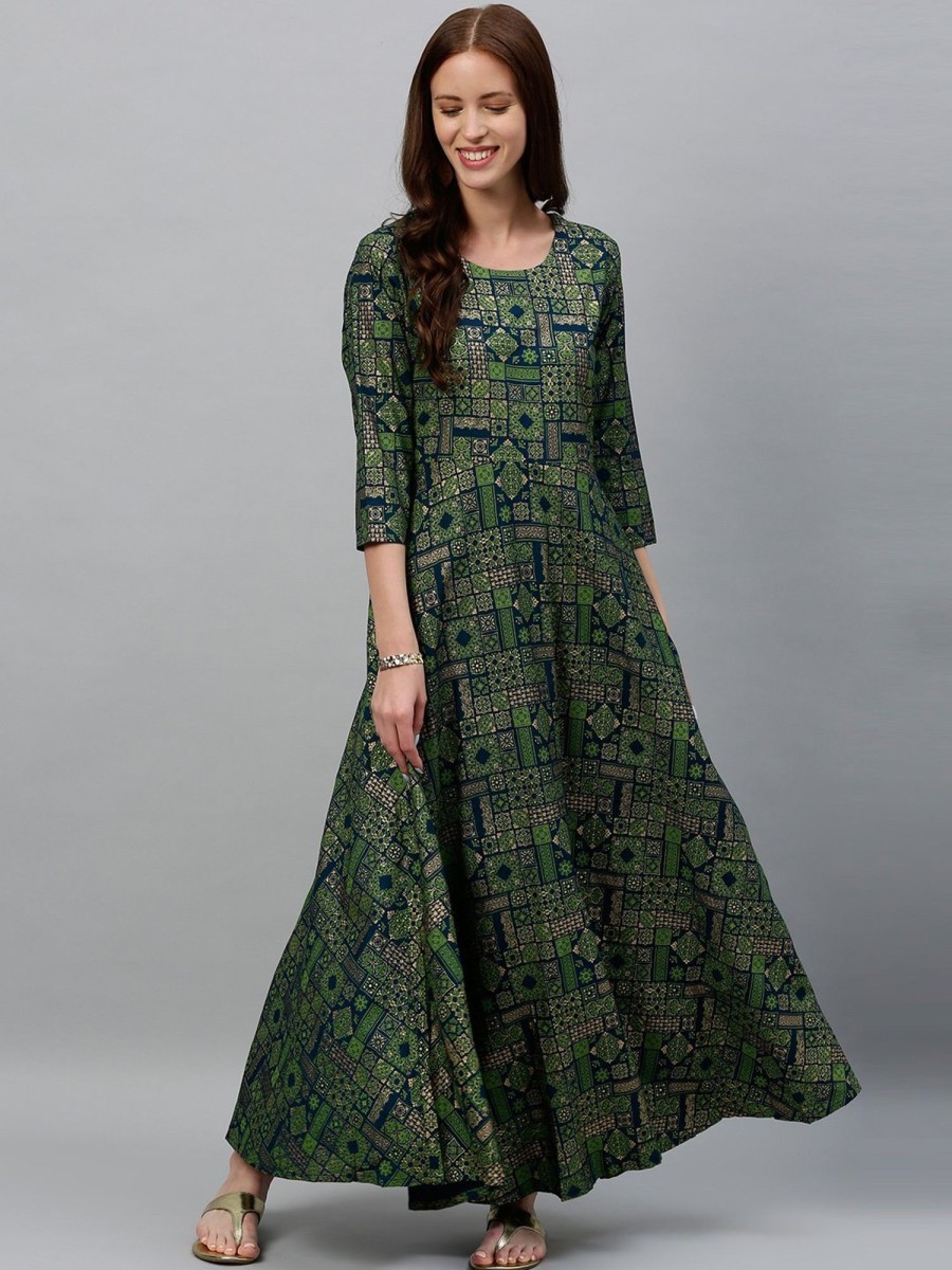 Women Kipek | Women'S Green Printed Anarkali Kurta By Kipek (1 Pc Set) Dark Green