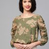 Women SASSAFRAS | Women'S Moss Green Floral Rouched Sleeves Crop Top - Sassafras