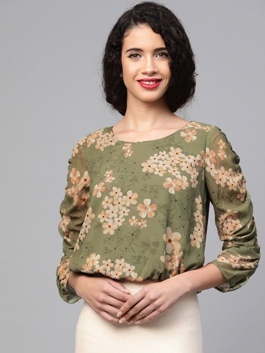 Women SASSAFRAS | Women'S Moss Green Floral Rouched Sleeves Crop Top - Sassafras