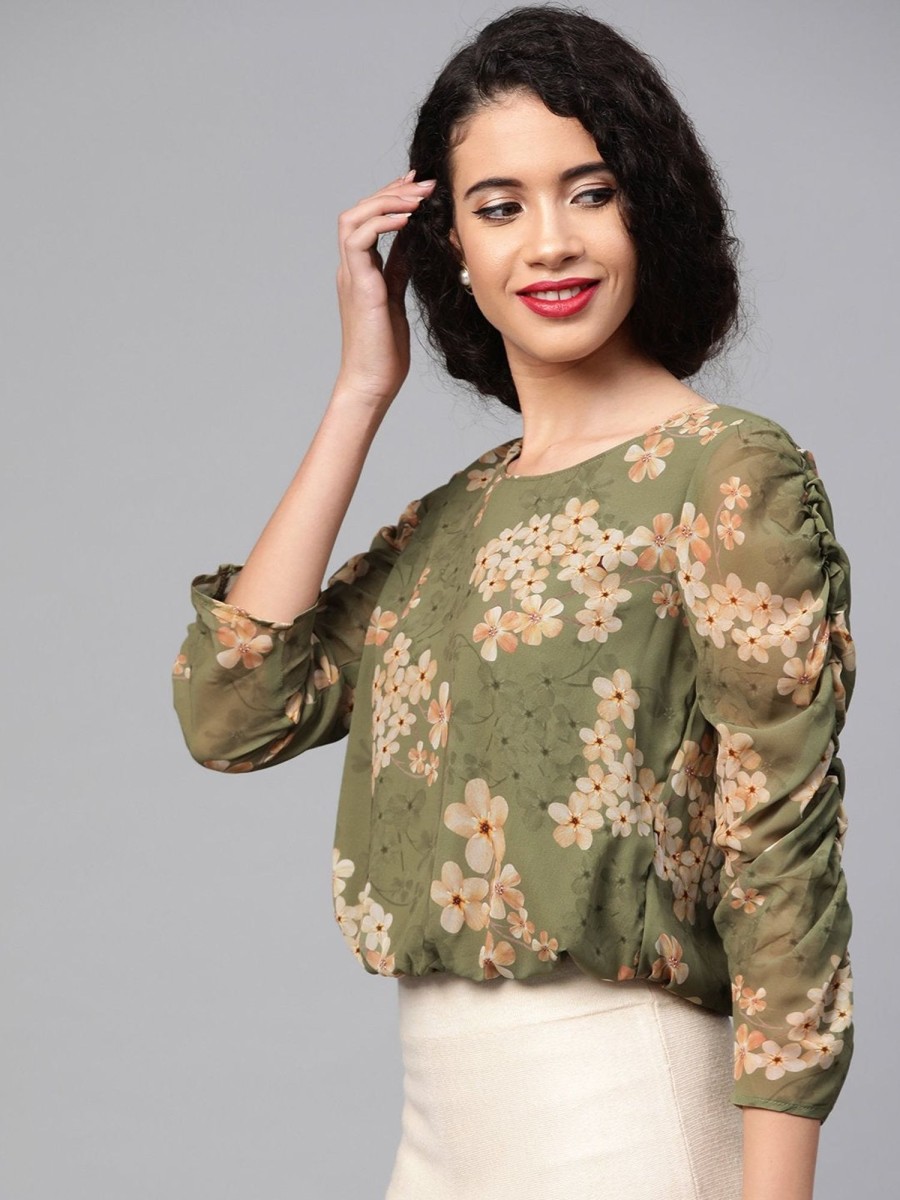 Women SASSAFRAS | Women'S Moss Green Floral Rouched Sleeves Crop Top - Sassafras