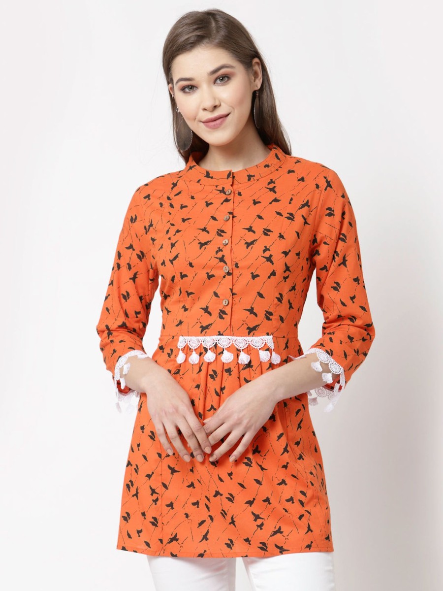 Women Myshka | Women Orange Cotton Printed Tunic By Myshka (1 Pc Set)