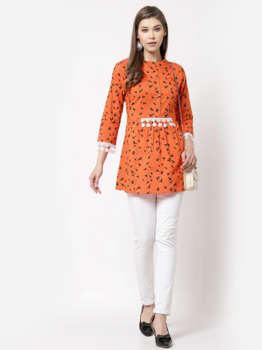 Women Myshka | Women Orange Cotton Printed Tunic By Myshka (1 Pc Set)