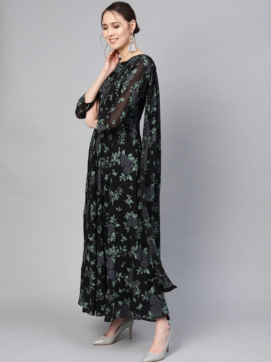 Women Ahalyaa | Women'S Georgette Floral Printed Gown- Ahalyaa Black