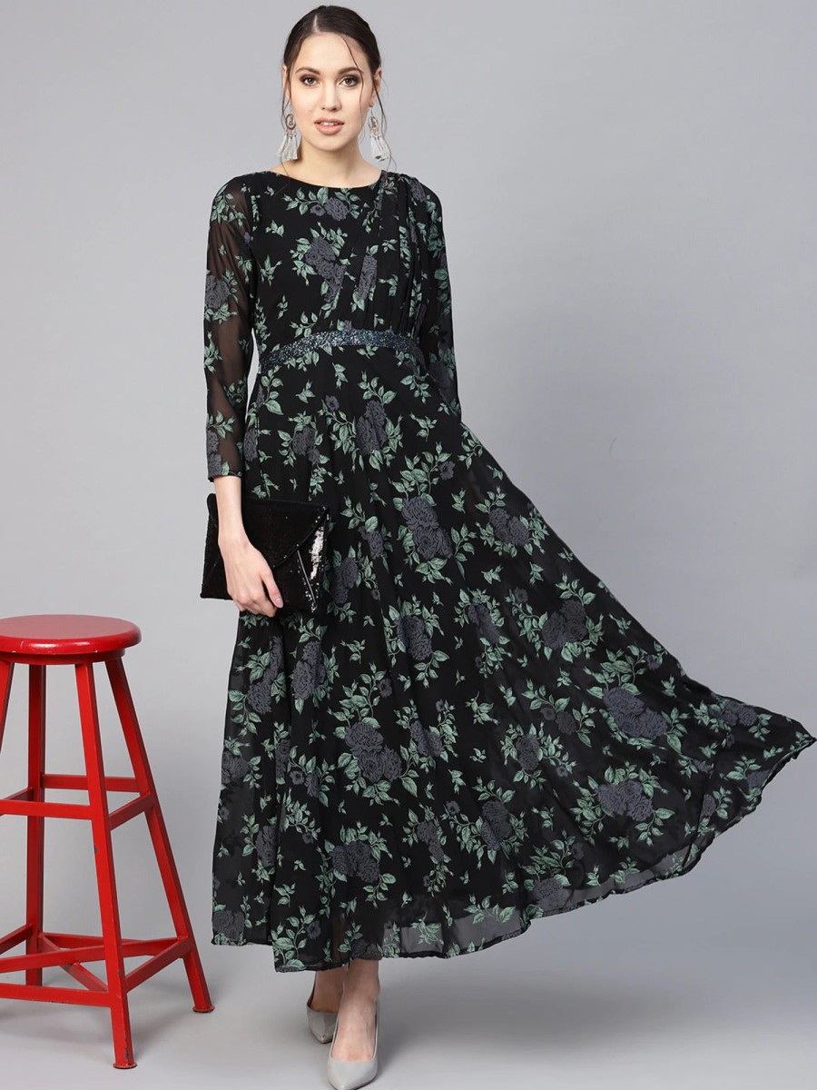 Women Ahalyaa | Women'S Georgette Floral Printed Gown- Ahalyaa Black