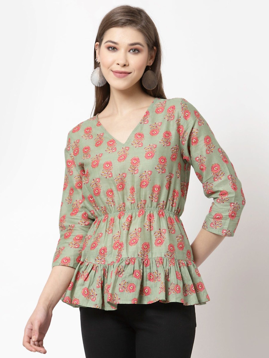 Women Myshka | Women Green Printed Cotton Top By Myshka (1 Pc Set)