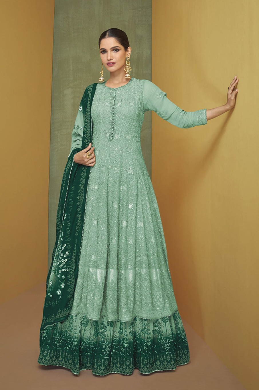 Women Monjolika | Women'S Sea Faux Georgette Semi Stitched Embroidered Designer Suit - Monjolika Green