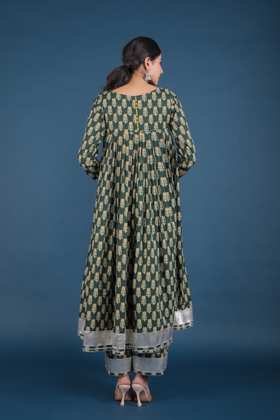 Women Pomcha Jaipur | Women'S Aafia Cotton Block Anarkali Set - Pomcha Jaipur Green