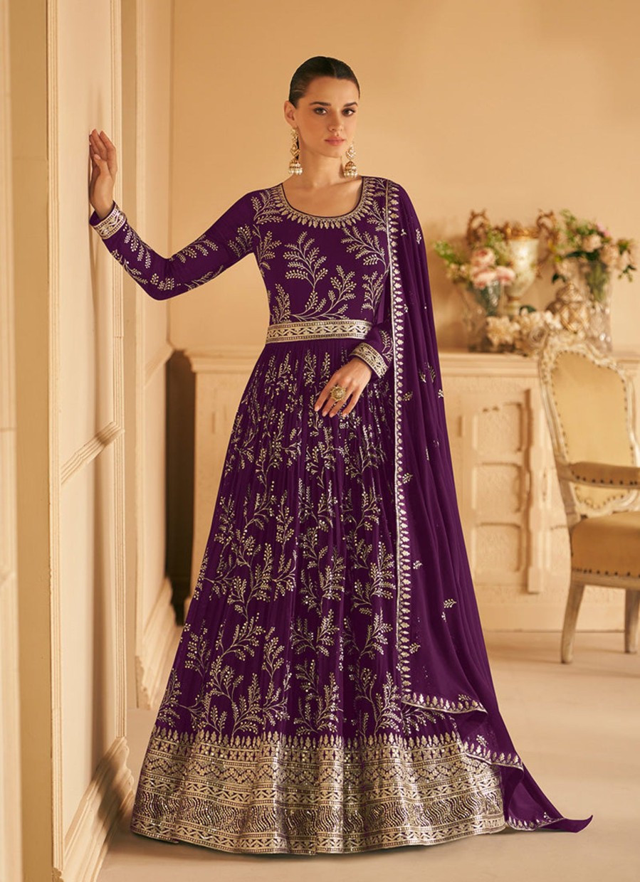 Women Monjolika | Women'S Dark Color Georgette Embroidered Stitched Partywear Suit - Monjolika Purple