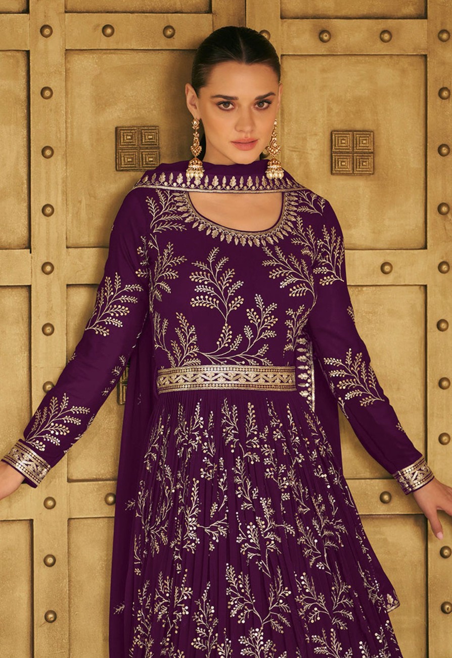 Women Monjolika | Women'S Dark Color Georgette Embroidered Stitched Partywear Suit - Monjolika Purple