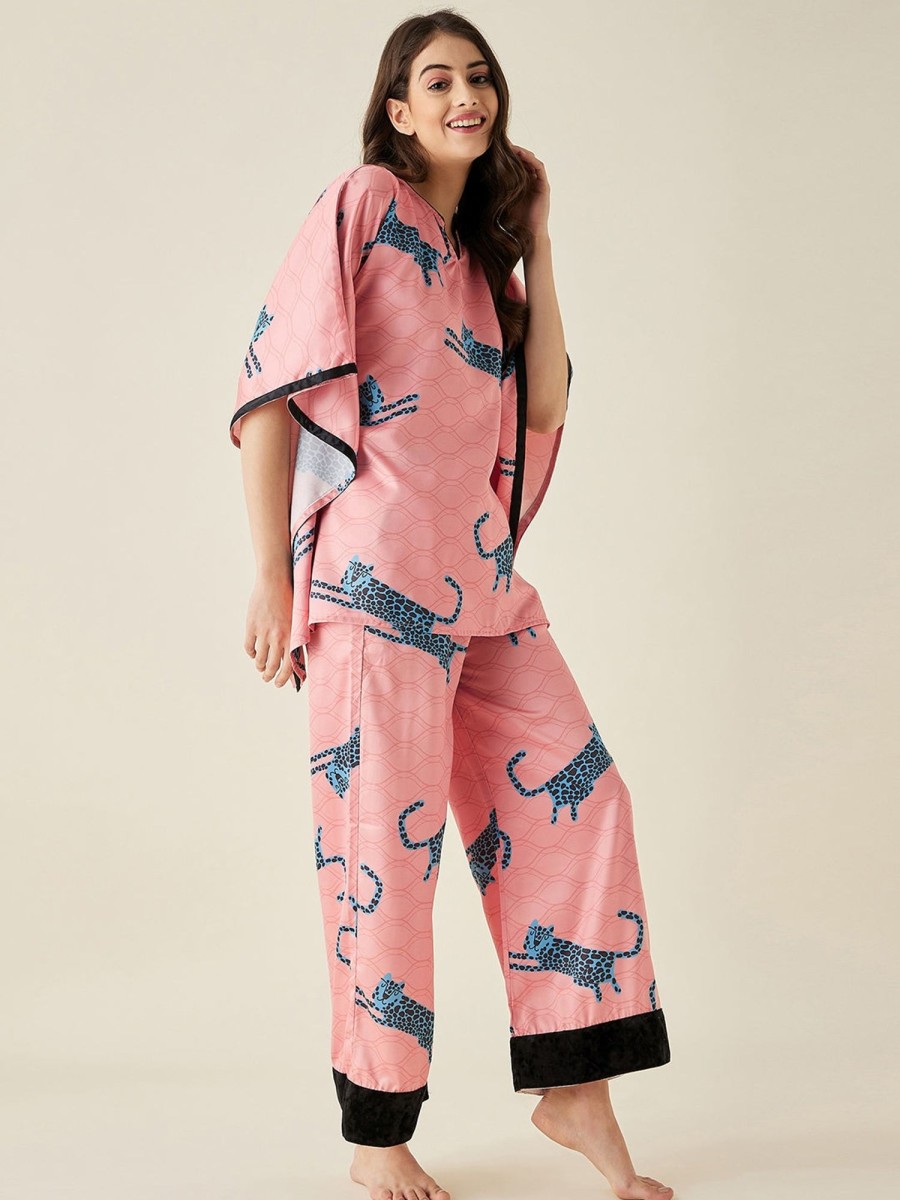 Women The Kaftan Company | Blue Leopard Satin Kaftan Pyjama Set - The Kaftan Company Peach