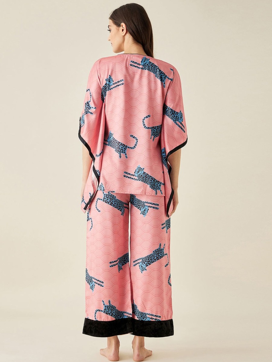 Women The Kaftan Company | Blue Leopard Satin Kaftan Pyjama Set - The Kaftan Company Peach