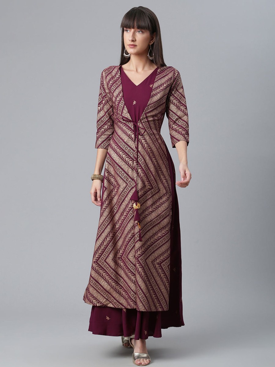 Women Ahalyaa | Women'S Crepe Wine Glitter Print Kurta With Jacket - Ahalyaa