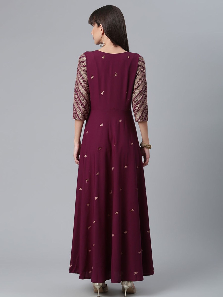 Women Ahalyaa | Women'S Crepe Wine Glitter Print Kurta With Jacket - Ahalyaa