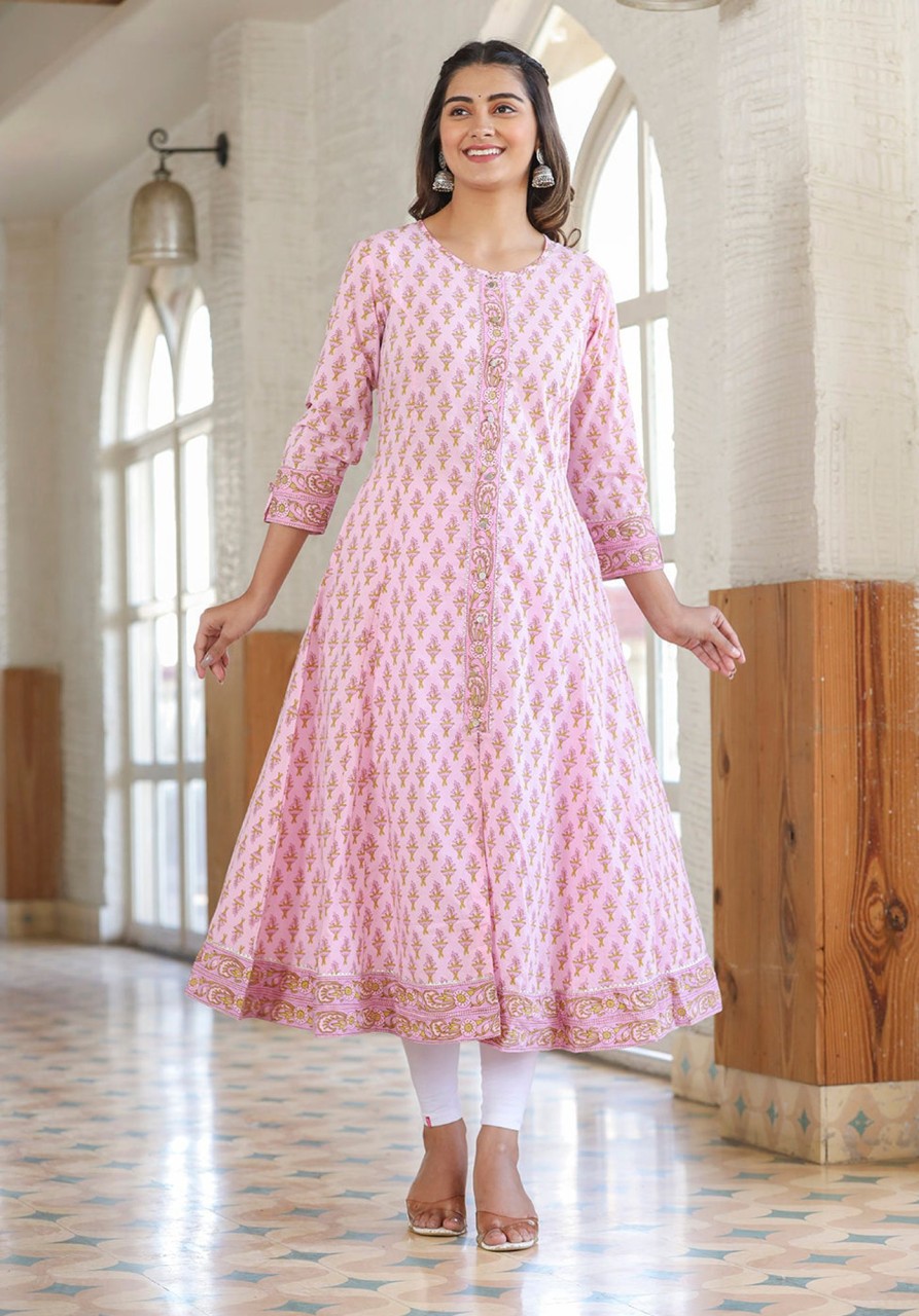 Women KAAJH | Women'S Pink Cotton Printed A-Line Kurta - Kaajh