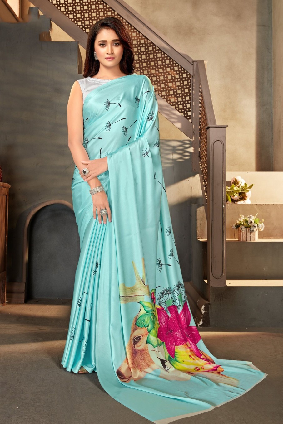 Women Monjolika | Women'S Monjolika Fashion Sky Blue Color Satin Digital Print Saree - Monjolika