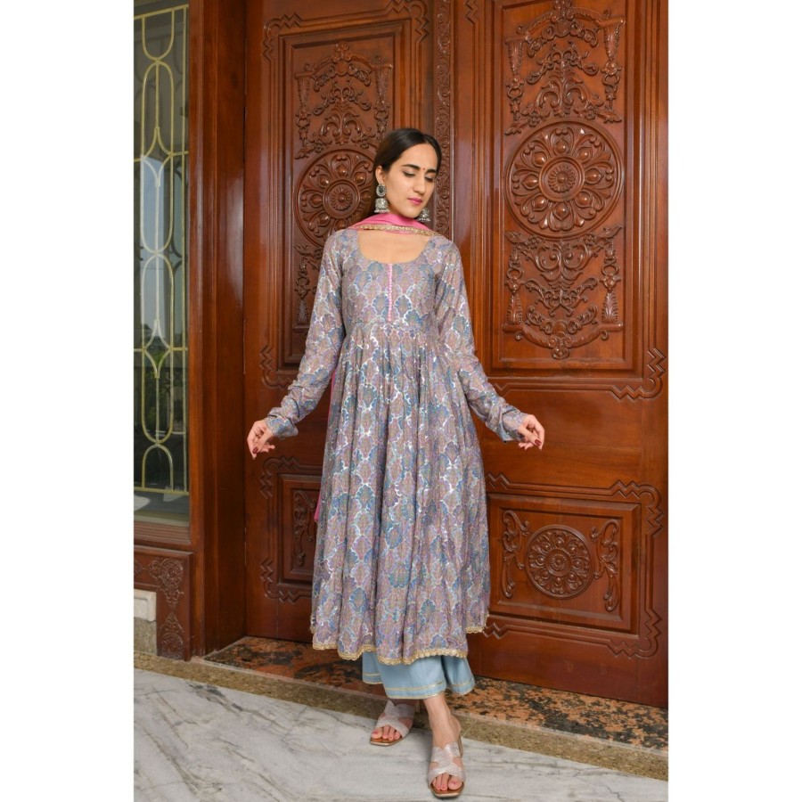 Women Rangpur | Women'S Embroidered Anarkali Palazzo Set With Dupatta - Rangpur Grey