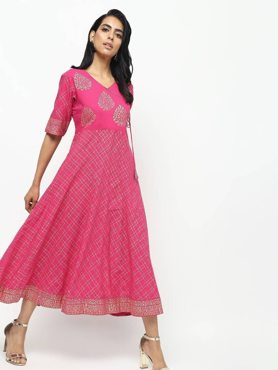 Women CHEERA | Women'S Angrakha Checkered Foil Printed Kurta With Doori Tassels - Cheera Pink