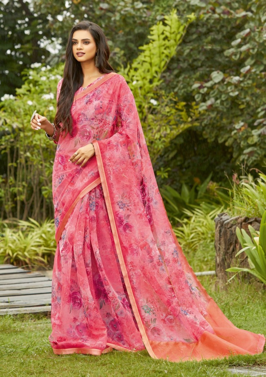 Women Sangam Prints | Women'S Pink Organza Digital Print Traditional Saree - Sangam Prints