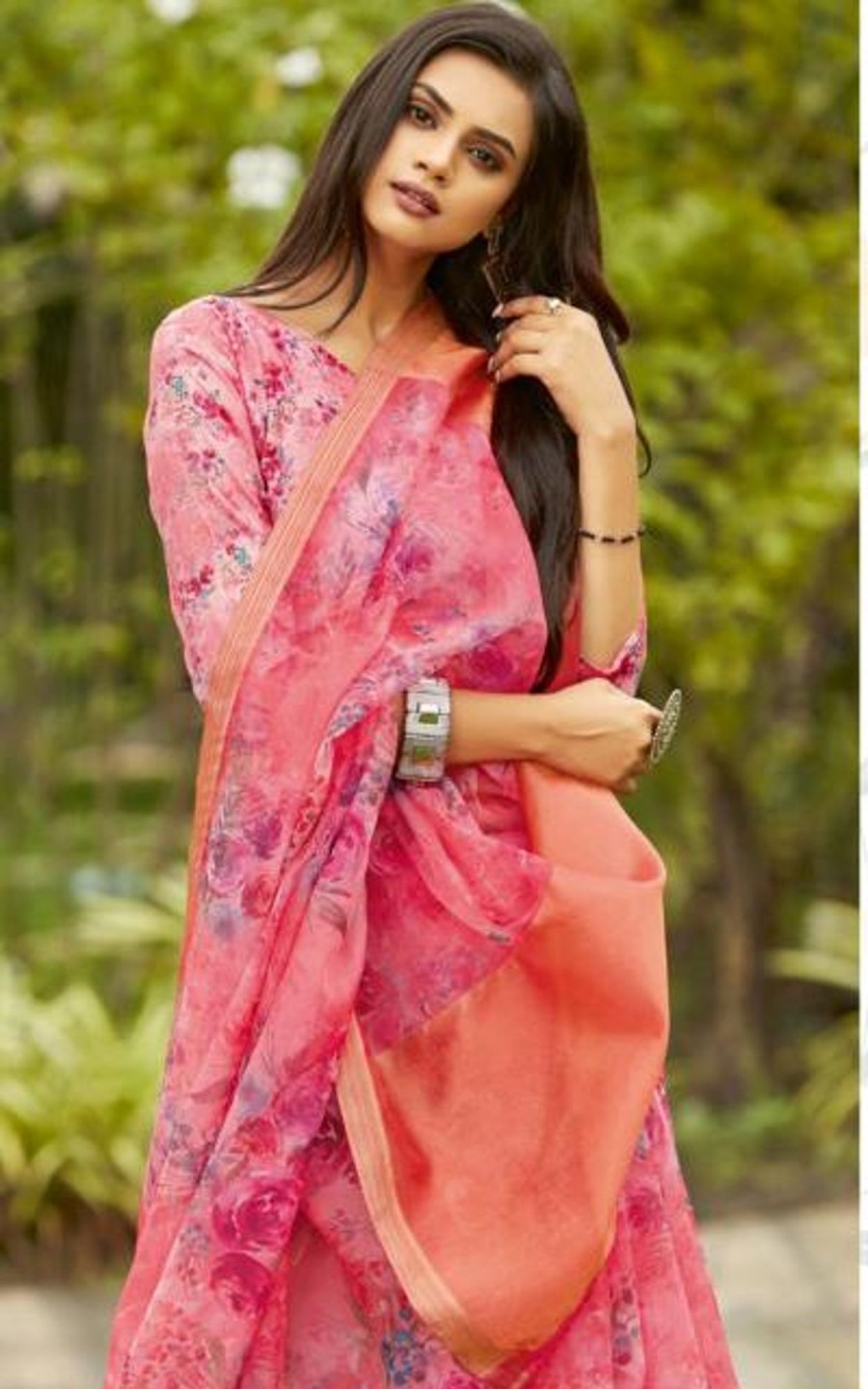 Women Sangam Prints | Women'S Pink Organza Digital Print Traditional Saree - Sangam Prints