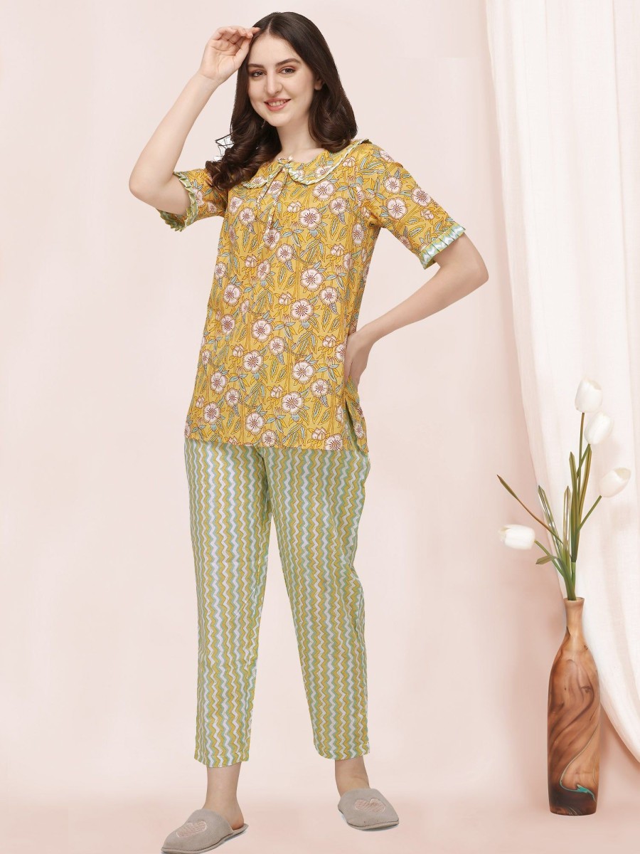 Women MESMORA FASHION | Women'S Mango Yellow Handblock Printed Cotton Pajama Suit Set - Mesmora Fashion