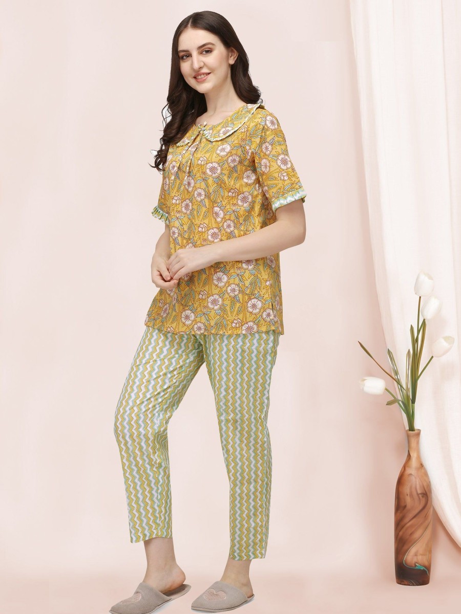 Women MESMORA FASHION | Women'S Mango Yellow Handblock Printed Cotton Pajama Suit Set - Mesmora Fashion