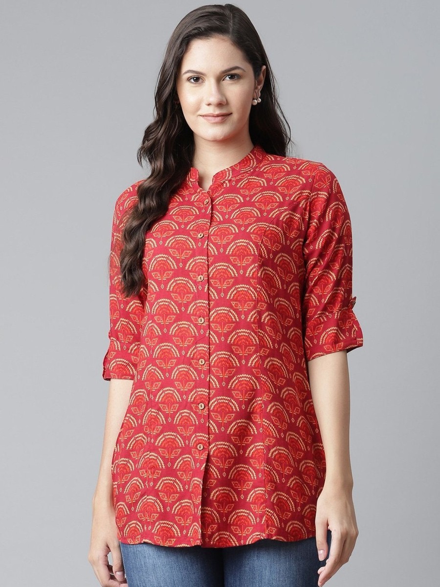 Women Wahe-NOOR | Women'S Rayon Maroon Printed Top - Wahenoor