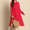 Women Janasya | Women'S Poly Chiffon Self Design Frontslit Kurta - Janasya Pink