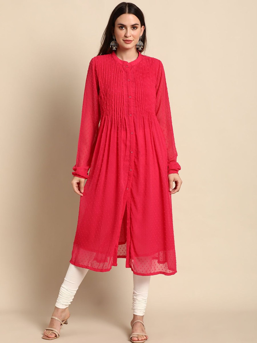 Women Janasya | Women'S Poly Chiffon Self Design Frontslit Kurta - Janasya Pink