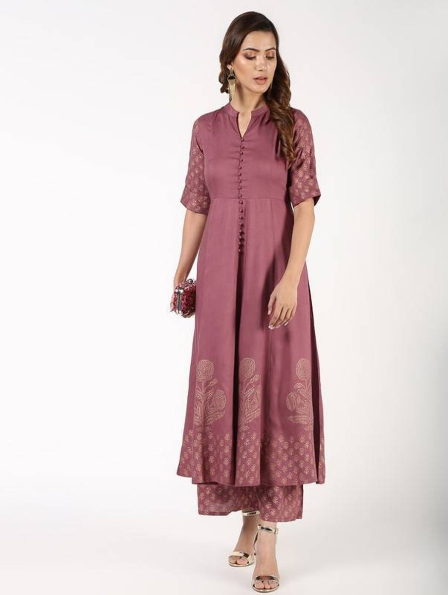 Women Aniyah | Women'S Block Print Flared Anarkali Kurta - Aniyah Pink