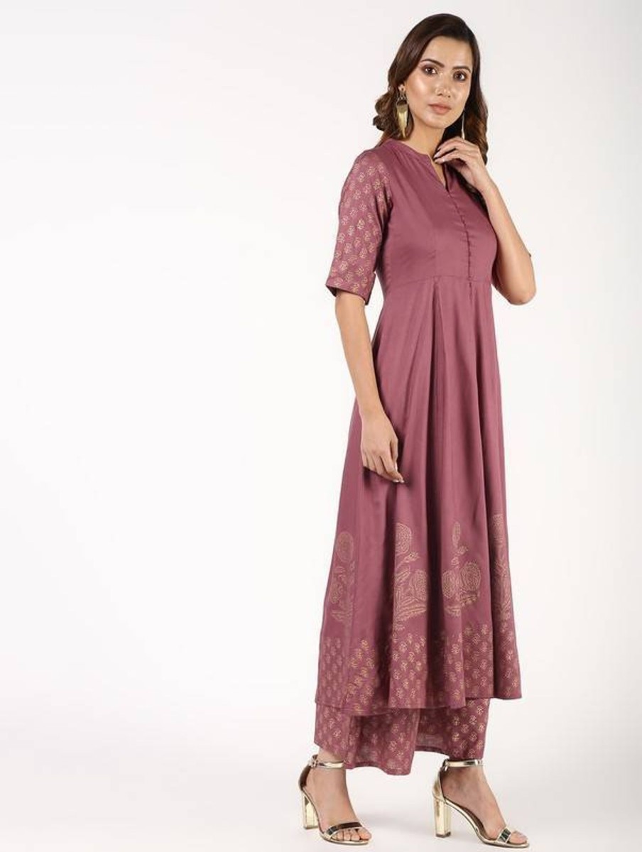 Women Aniyah | Women'S Block Print Flared Anarkali Kurta - Aniyah Pink